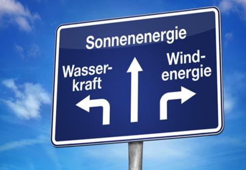 Grafik eines Schildes mit drei Pfeilen zu Wasserkraft, Sonnenenergie, Windenergie