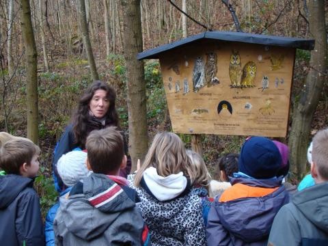 Birgit Aubert erklärt einer Gruppe von Kindern an einer Schautafel Vogelarten.