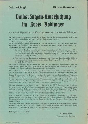 Infoblatt, das an die Bevölkerung über die Volksröntgenuntersuchung im Kreis Böblingen verteilt wurde. (Stadtmuseum Sindelfingen)