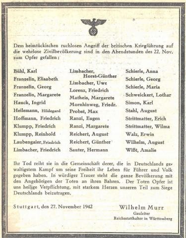 Auflistung der Stuttgarter Todesopfer des Luftangriffs vom 22.11.1942