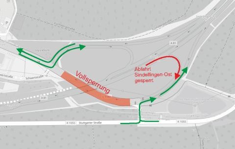 Grafik der Sperrung der Mahdentalstraße mit den Umleitungen auf die A81
