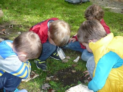 Vier Kinder untersuchen die Beschaffenheit des Bodens