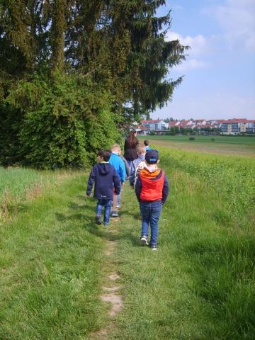Mehrere Kinder gehen über einen Feldweg