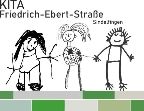 Das Logo der KiTa Friedrich-Ebert-Straße in Sindelfingen mit drei von Kindern gezeichneten Kindern, die auf grünen und grauen Rechtecken stehen, welche die Aussenfassade der Kita widerspiegeln.      