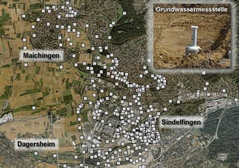 Übersichtskarte mit den Grundwassermessstellen in Sindelfingen.