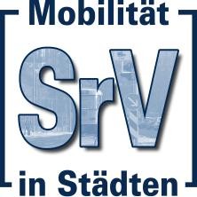 Logo des Verkehrsforschungsprojekts, blau auf weißem Hintergrund, SrV, Mobilität in Städten