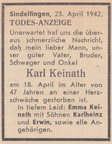 Foto: Todesanzeige für Karl Keinath, NS-Kreiszeitung 24.4.1942. Stadtarchiv Sindelfingen 